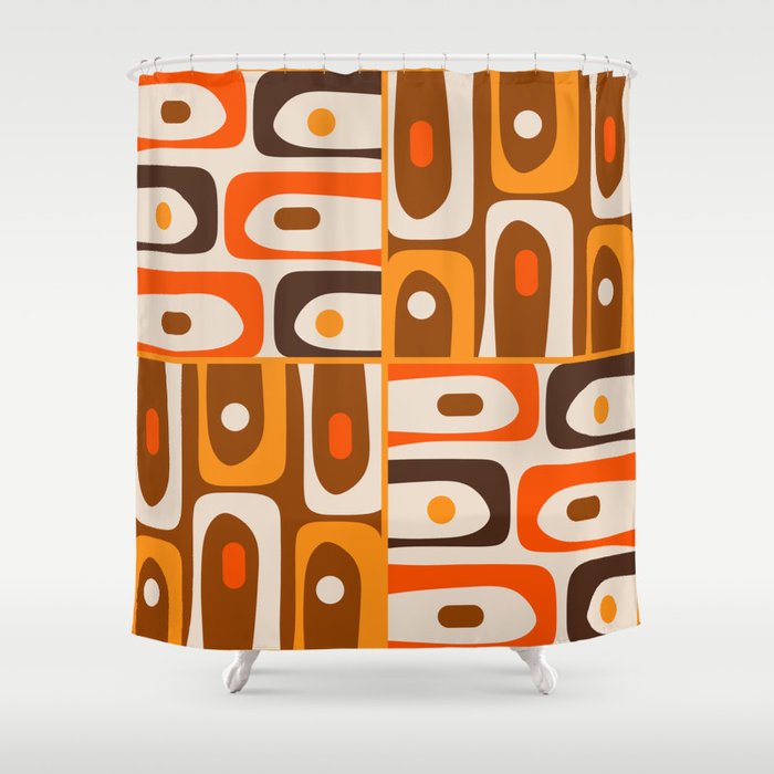 Mid Century Modern Piquet Retro Abstract Multi Pattern in 70s Orange and Brown Shower Curtain Gallery Image 1