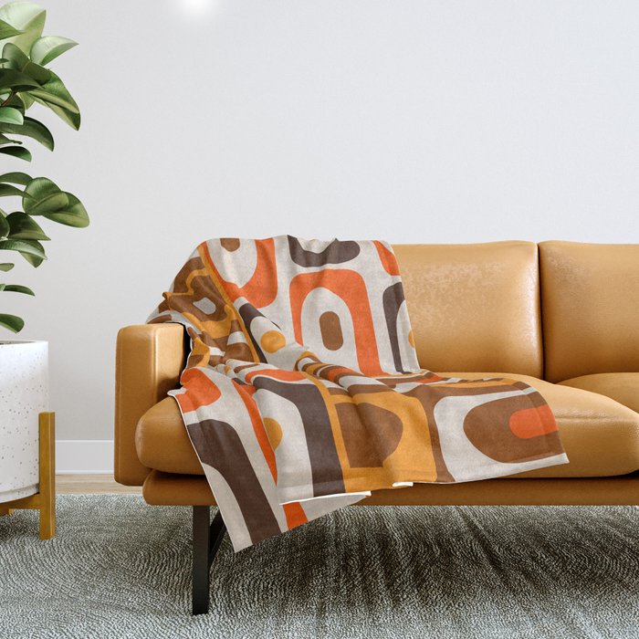 Mid Century Modern Piquet Retro Abstract Multi Pattern in 70s Orange and Brown Throw Blanket Gallery Image 1