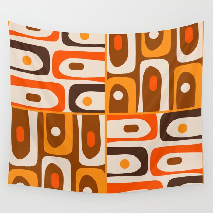 Mid Century Modern Piquet Retro Abstract Multi Pattern in 70s Orange and Brown Wall Tapestry Gallery Image 1