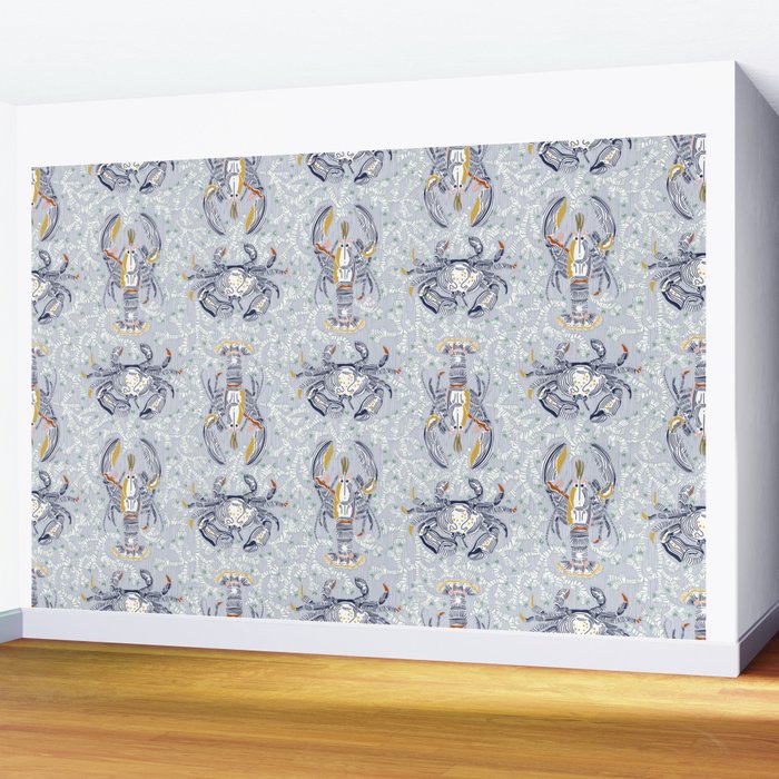 Lobster and crab coastal nostalgia grey Wall Mural Gallery Image 2