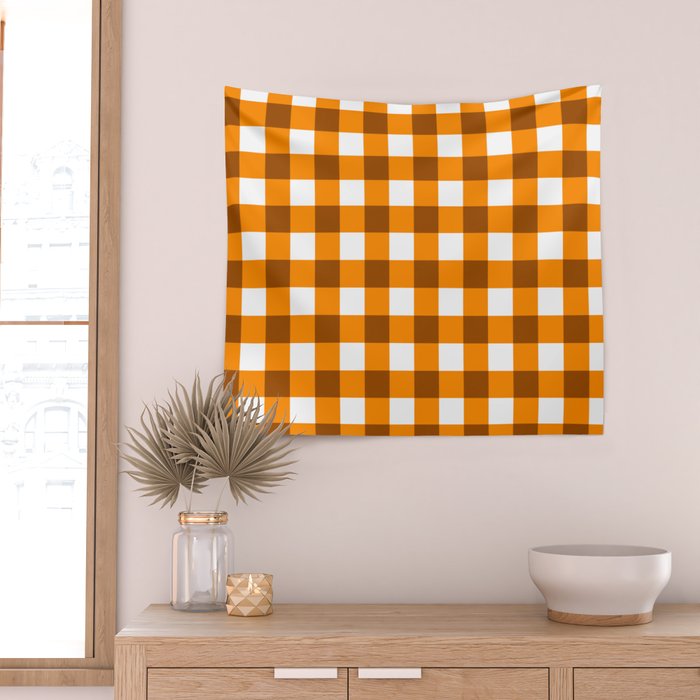 Retro Orange Gingham Check Wall Tapestry Gallery Image 2