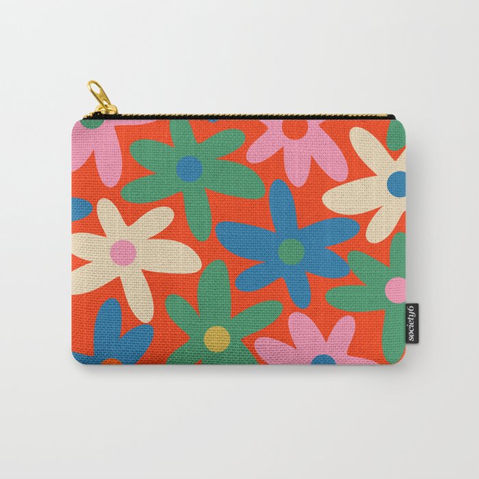 Daisy Time Colorful Retro Floral Pattern on Red Carry All Pouch Gallery Image 1