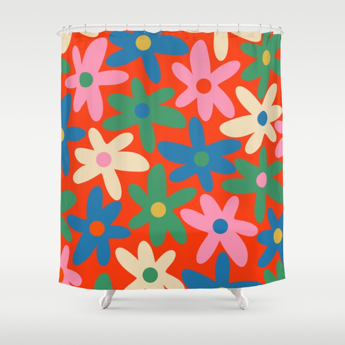 Daisy Time Colorful Retro Floral Pattern on Red Shower Curtain Gallery Image 1