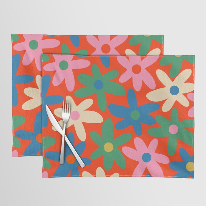 Daisy Time Colorful Retro Floral Pattern on Red Placemat Gallery Image 1
