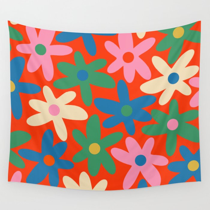 Daisy Time Colorful Retro Floral Pattern on Red Wall Tapestry Gallery Image 4