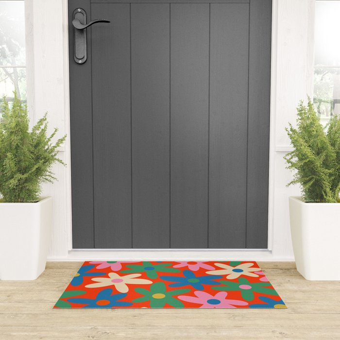 Daisy Time Colorful Retro Floral Pattern on Red Welcome Mat Gallery Image 3
