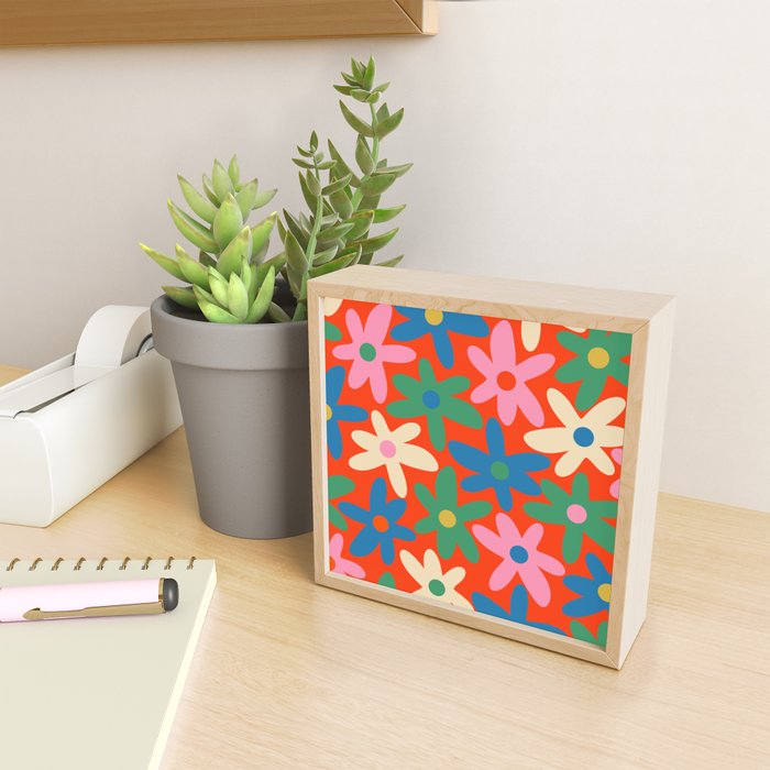 Daisy Time Colorful Retro Floral Pattern on Red Mini Art Print Gallery Image 2