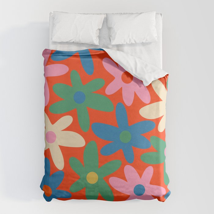 Daisy Time Colorful Retro Floral Pattern on Red Duvet Cover Gallery Image 1
