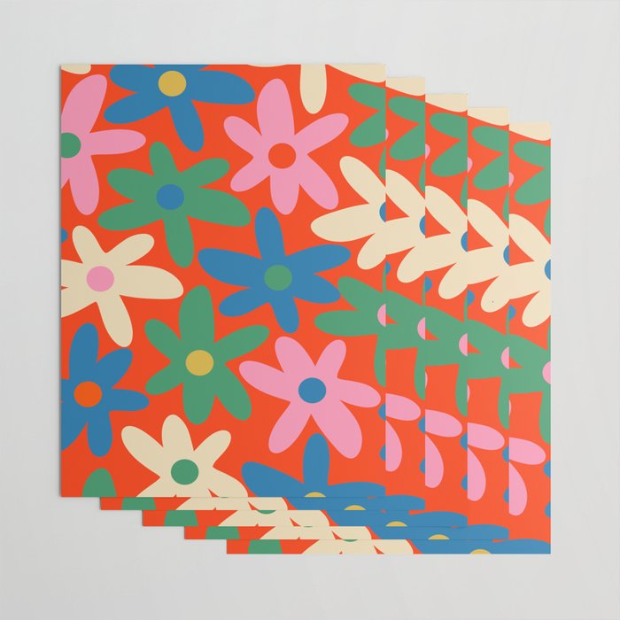 Daisy Time Colorful Retro Floral Pattern on Red Wrapping Paper Gallery Image 3