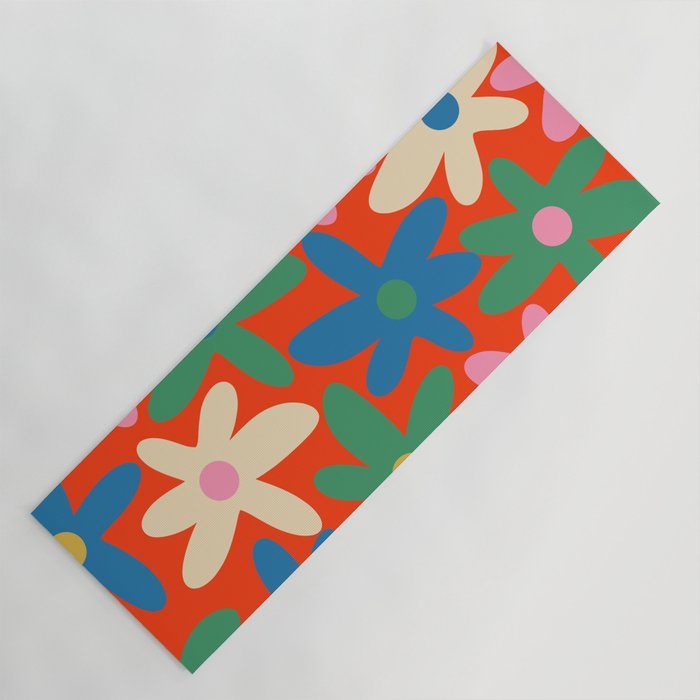 Daisy Time Colorful Retro Floral Pattern on Red Yoga Mat Gallery Image 1