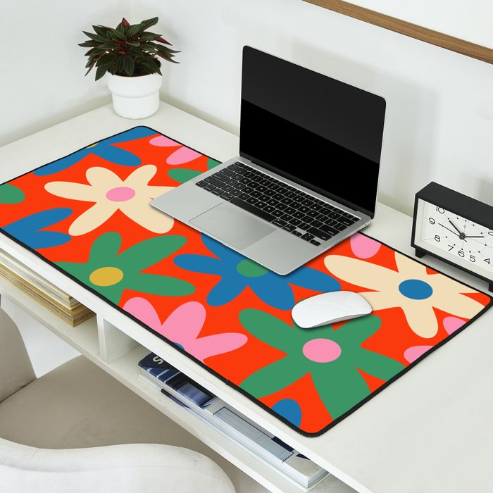 Daisy Time Colorful Retro Floral Pattern on Red Desk Mat Gallery Image 2