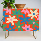 Daisy Time Colorful Retro Floral Pattern on Red Credenza Gallery Image 1