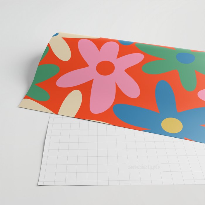 Daisy Time Colorful Retro Floral Pattern on Red Wrapping Paper Gallery Image 2