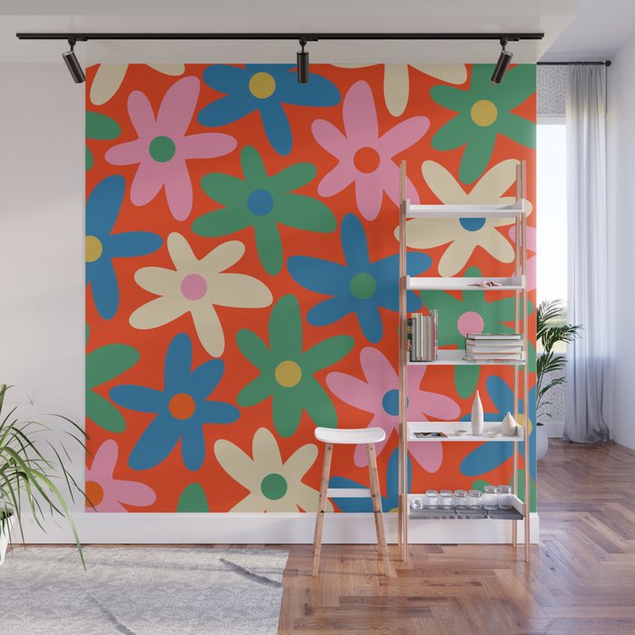 Daisy Time Colorful Retro Floral Pattern on Red Wall Mural Gallery Image 1