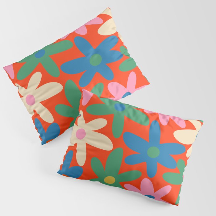 Daisy Time Colorful Retro Floral Pattern on Red Pillow Sham Gallery Image 1