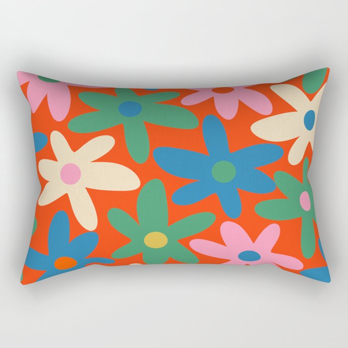 Daisy Time Colorful Retro Floral Pattern on Red Rectangular Pillow Gallery Image 1