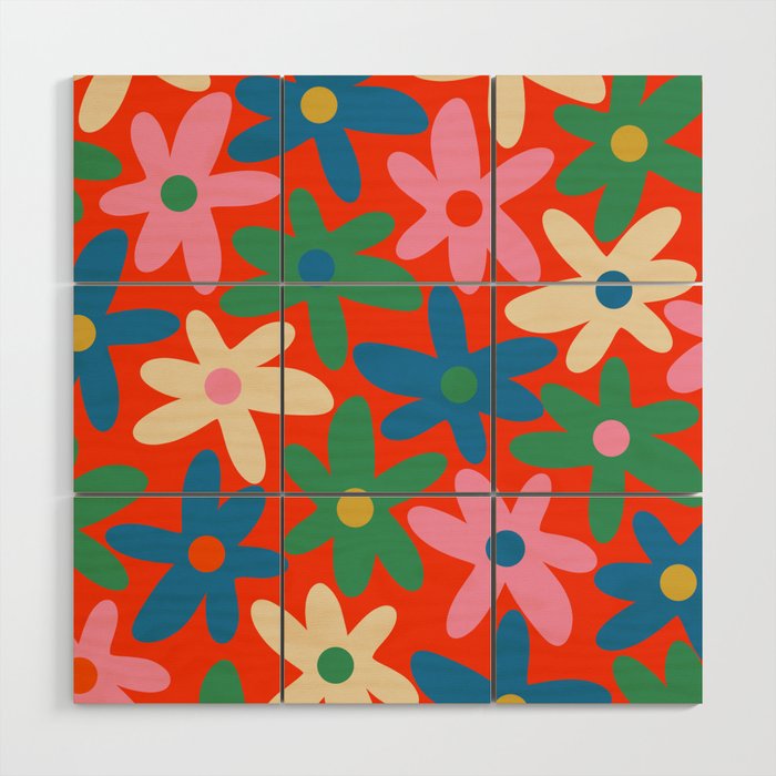 Daisy Time Colorful Retro Floral Pattern on Red Wood Wall Art Gallery Image 1