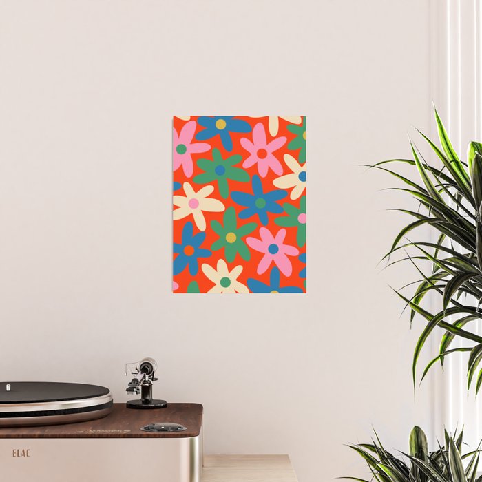 Daisy Time Colorful Retro Floral Pattern on Red Poster Gallery Image 2