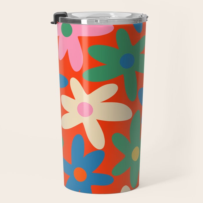 Daisy Time Colorful Retro Floral Pattern on Red Travel Mug Gallery Image 3