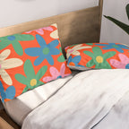 Daisy Time Colorful Retro Floral Pattern on Red Pillow Sham Gallery Image 2