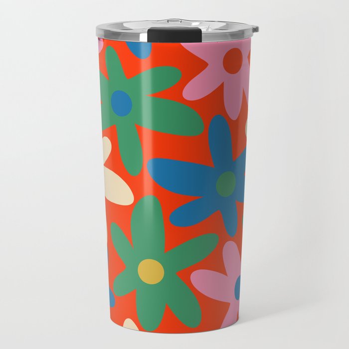 Daisy Time Colorful Retro Floral Pattern on Red Travel Mug Gallery Image 1