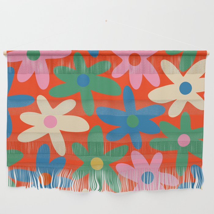 Daisy Time Colorful Retro Floral Pattern on Red Wall Hanging Gallery Image 1
