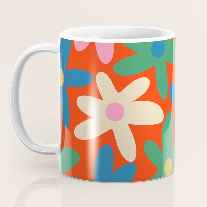 Daisy Time Colorful Retro Floral Pattern on Red Coffee Mug Gallery Image 3