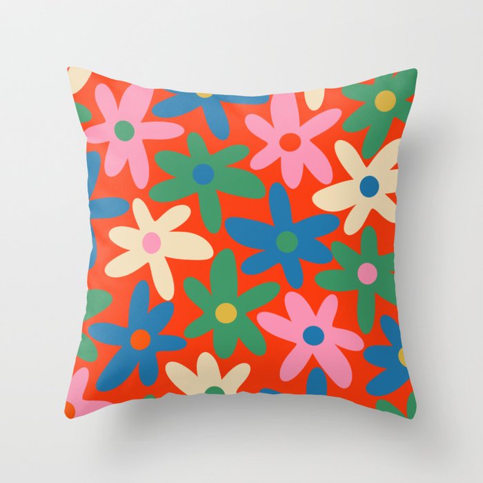 Daisy Time Colorful Retro Floral Pattern on Red Throw Pillow Gallery Image 6