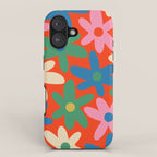 Daisy Time Colorful Retro Floral Pattern on Red iPhone Case Gallery Image 1