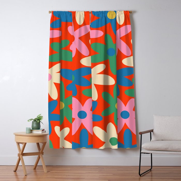 Daisy Time Colorful Retro Floral Pattern on Red Window Curtain Gallery Image 5