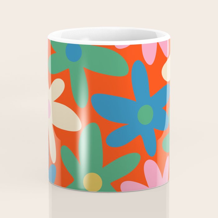 Daisy Time Colorful Retro Floral Pattern on Red Coffee Mug Gallery Image 4