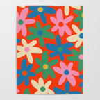 Daisy Time Colorful Retro Floral Pattern on Red Poster Gallery Image 4