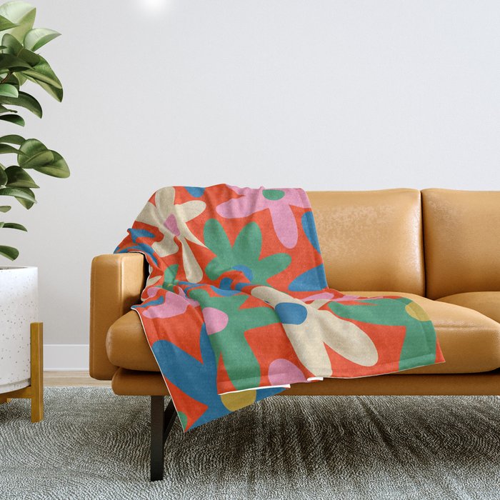 Daisy Time Colorful Retro Floral Pattern on Red Throw Blanket Gallery Image 1