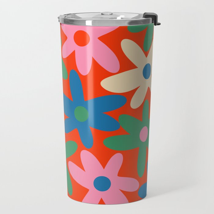Daisy Time Colorful Retro Floral Pattern on Red Travel Mug Gallery Image 2