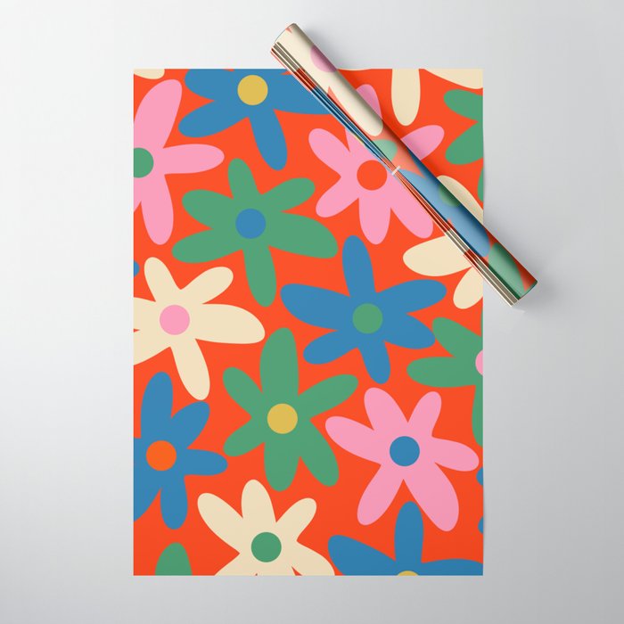 Daisy Time Colorful Retro Floral Pattern on Red Wrapping Paper Gallery Image 1