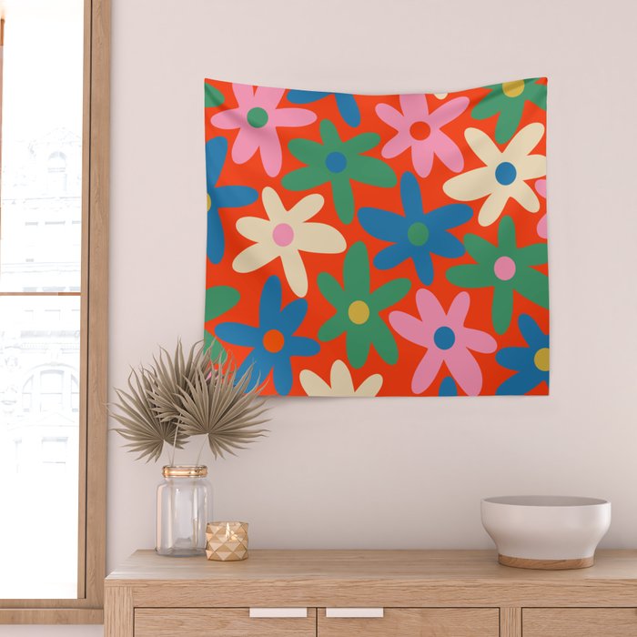 Daisy Time Colorful Retro Floral Pattern on Red Wall Tapestry Gallery Image 2