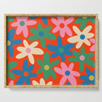 Daisy Time Colorful Retro Floral Pattern on Red Serving Tray Gallery Image 1