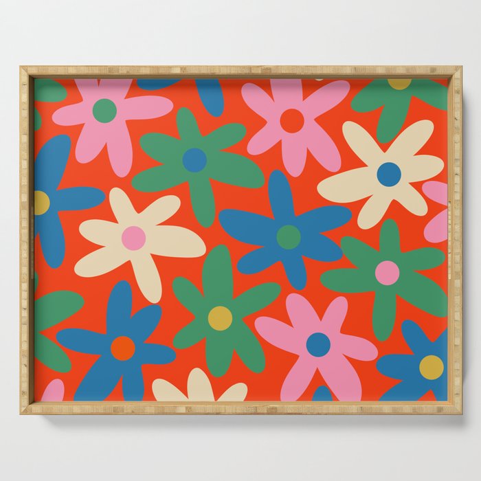 Daisy Time Colorful Retro Floral Pattern on Red Serving Tray Gallery Image 1