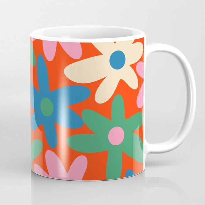 Daisy Time Colorful Retro Floral Pattern on Red Coffee Mug Gallery Image 1