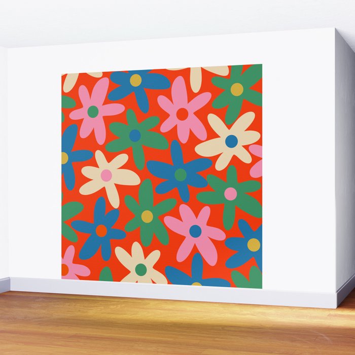 Daisy Time Colorful Retro Floral Pattern on Red Wall Mural Gallery Image 2