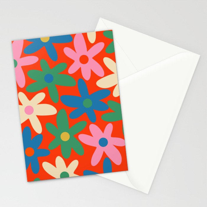 Daisy Time Colorful Retro Floral Pattern on Red Stationery Card Gallery Image 2