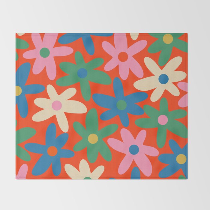 Daisy Time Colorful Retro Floral Pattern on Red Throw Blanket Gallery Image 2