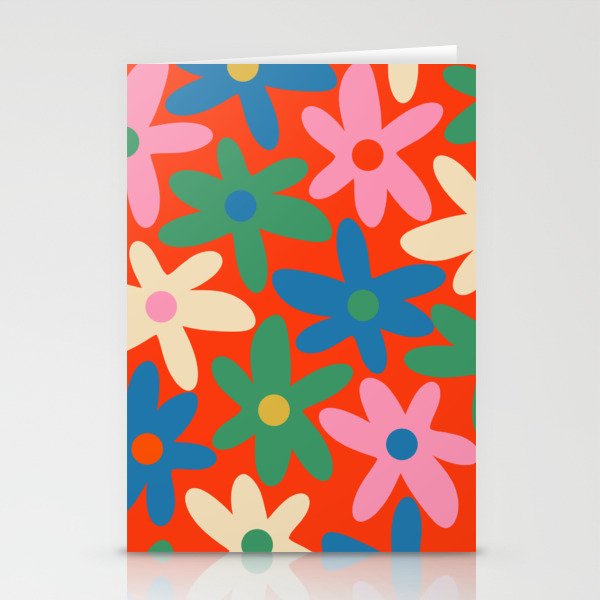 Daisy Time Colorful Retro Floral Pattern on Red Stationery Card Gallery Image 2