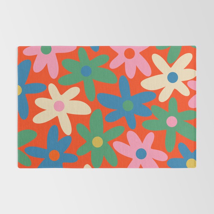 Daisy Time Colorful Retro Floral Pattern on Red Rug Gallery Image 2