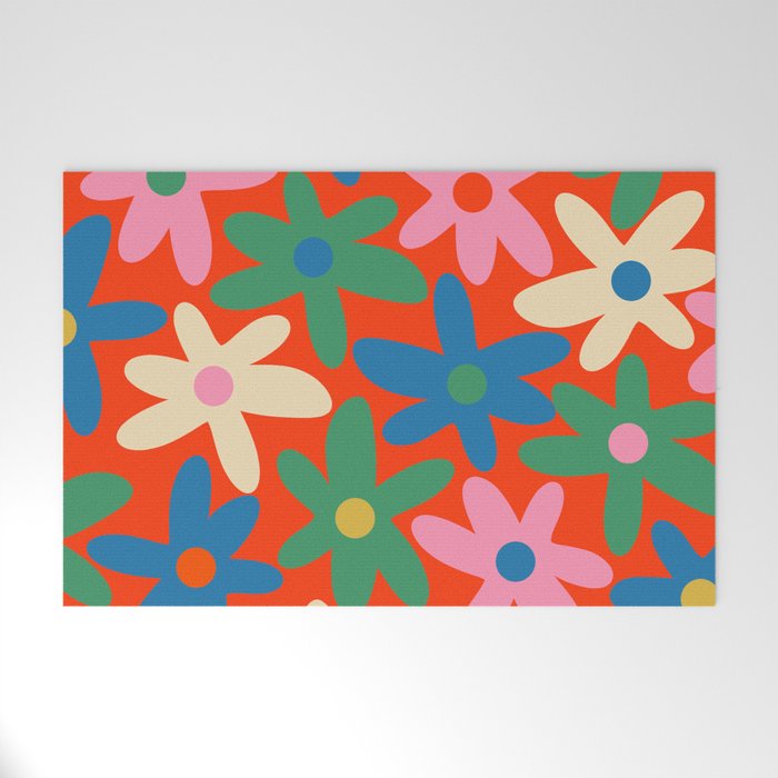 Daisy Time Colorful Retro Floral Pattern on Red Welcome Mat Gallery Image 1