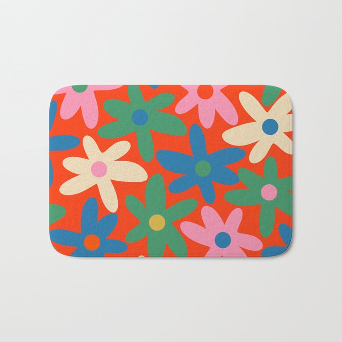 Daisy Time Colorful Retro Floral Pattern on Red Bath Mat Gallery Image 1