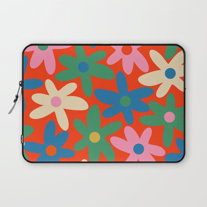 Daisy Time Colorful Retro Floral Pattern on Red Laptop Sleeve Gallery Image 1