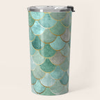 Moroccan Mermaid Fish Scale Pattern, Green and Gold Travel Mug Gallery Image 2