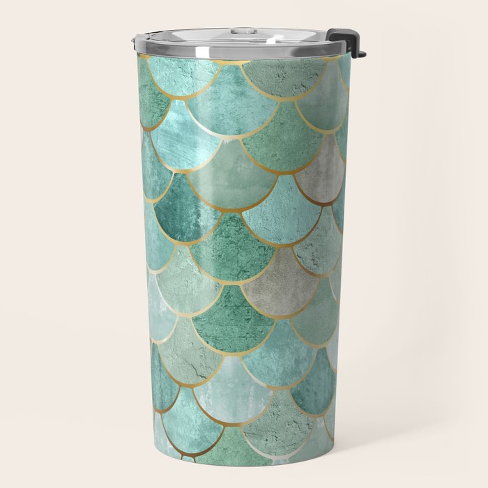 Moroccan Mermaid Fish Scale Pattern, Green and Gold Travel Mug Gallery Image 2