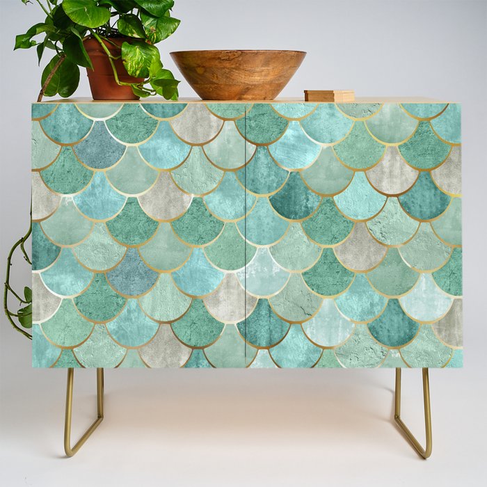 Moroccan Mermaid Fish Scale Pattern, Green and Gold Credenza Gallery Image 1